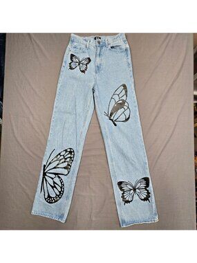 Simple Society Size 1 25 Y2K Jeans Black Butterfly Print Light Blue Wide Leg